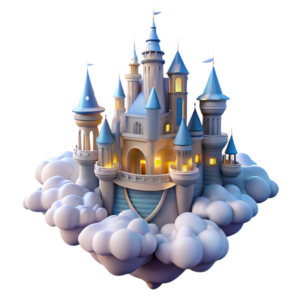 whimsical picturesque A floating castle in the clouds, intricate spires, glowing windows, magical, dreamy, fantasy art, original png