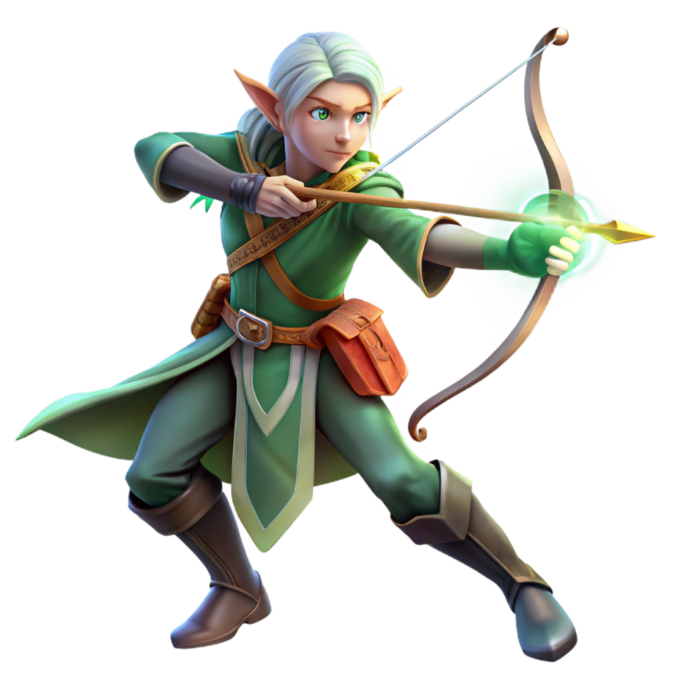 distinguished classic A graceful elf warrior wielding a glowing bow and arrow, soft forest lighting, elegant and dynamic style genuine png