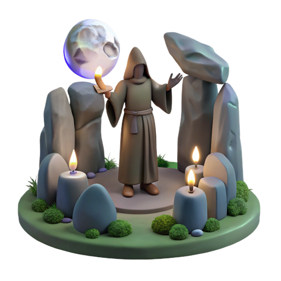 magnificent energetic tropical A mysterious druid performing a ritual in a stone circle, soft moonlight, Celtic style professional png