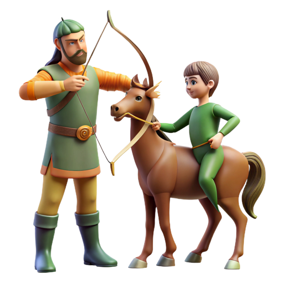 magnificent contemporary A wise centaur teaching archery to a young human, serene forest setting, Renaissance style impeccable png