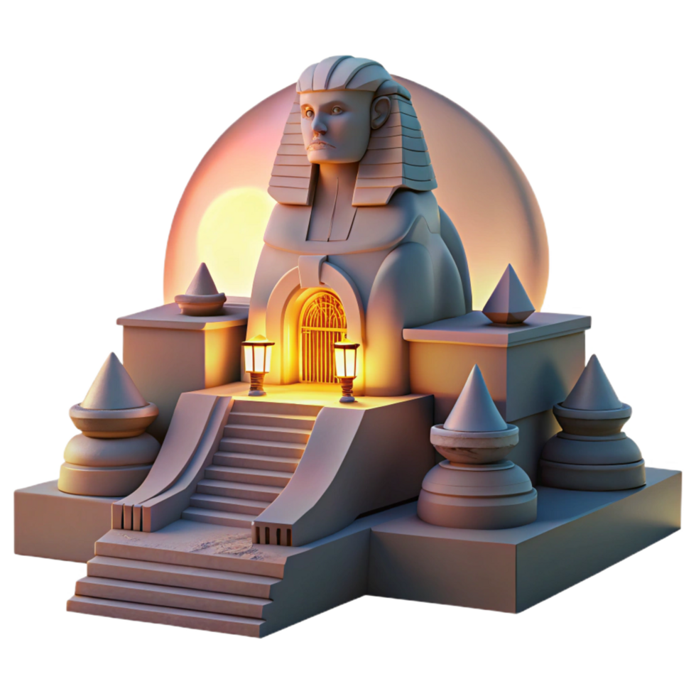 picturesque quintessential A mysterious sphinx guarding a hidden temple, desert sunset lighting, Art Deco style png