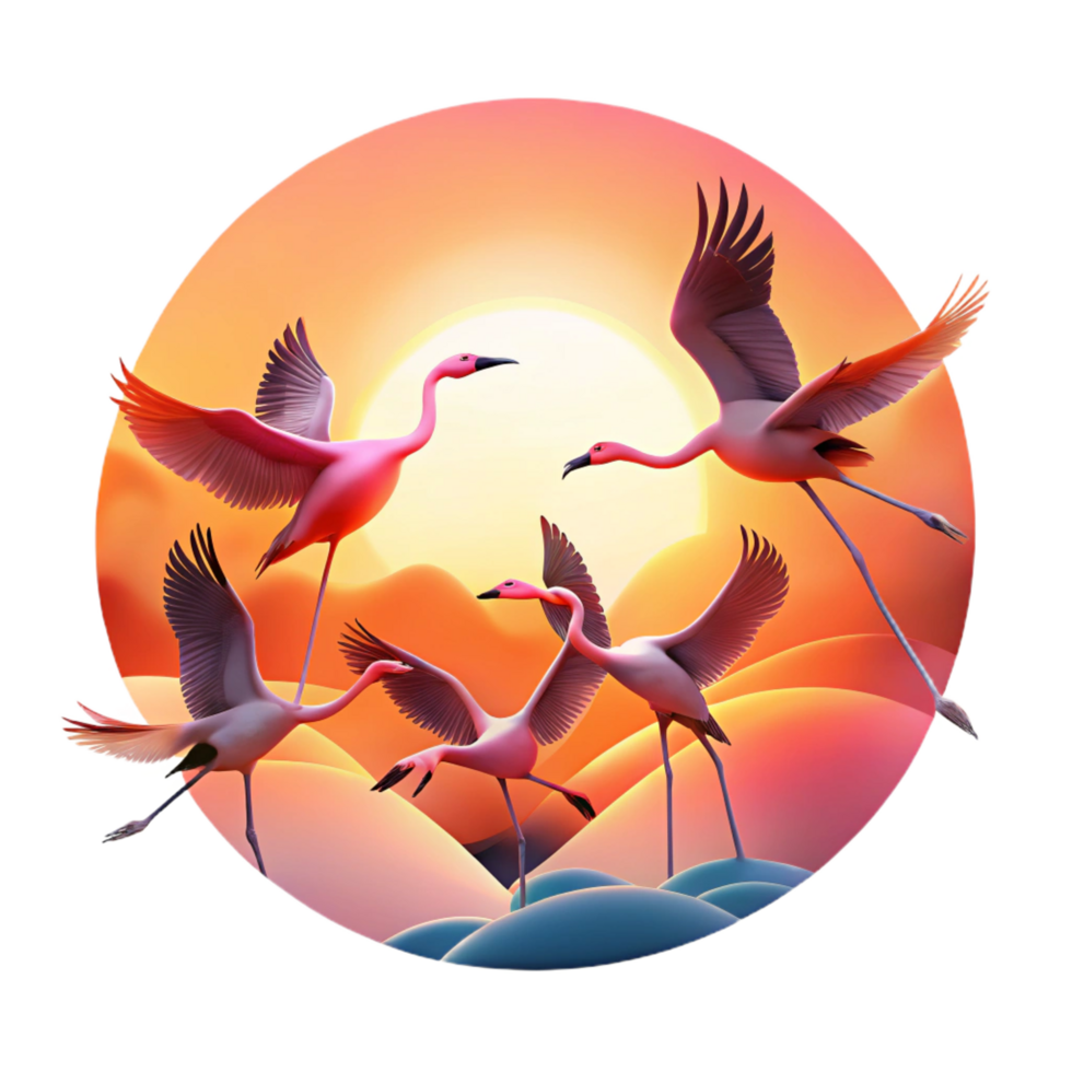 beautiful mysterious classic A flock of flamingos taking flight against a vibrant sunset, silhouette effect, dramatic backlighting, minimalist art style authentic png