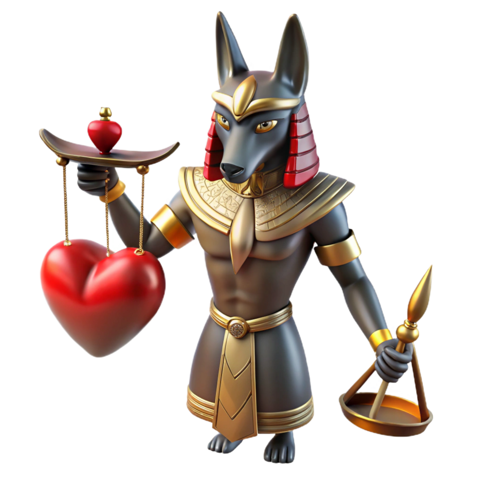 majestic unparalleled A benevolent Anubis weighing a heart against a feather, dimly lit chamber, ancient Egyptian art style png