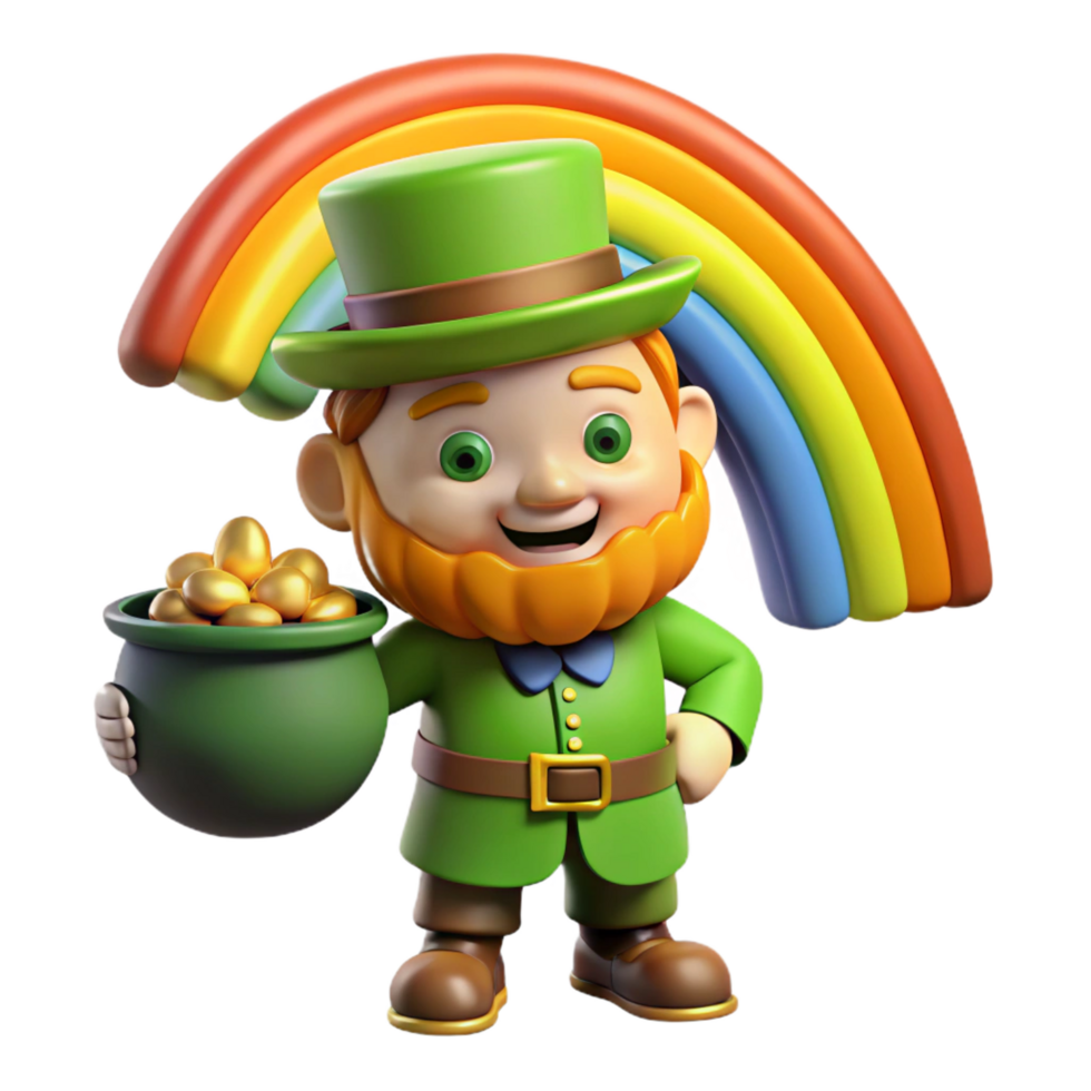 immaculate geometric A mischievous leprechaun guarding a pot of gold at the end of a rainbow, whimsical, cartoon style studio quality png