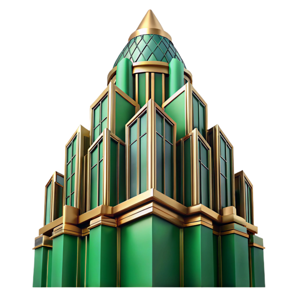 pristine exceptional Art Deco skyscraper, emerald green and gold accents, intricate geometric patterns, volumetric lighting, cinematic angle, highly detailed, png