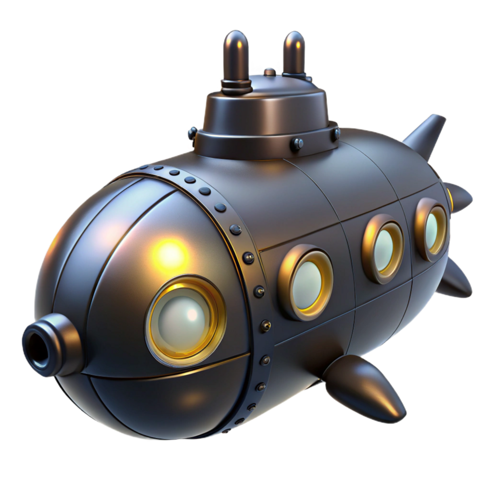 dazzling romantic avant garde A steampunk submarine, sleek and black, with glowing portholes, submerged in a dark ocean, eerie lighting fine detail png