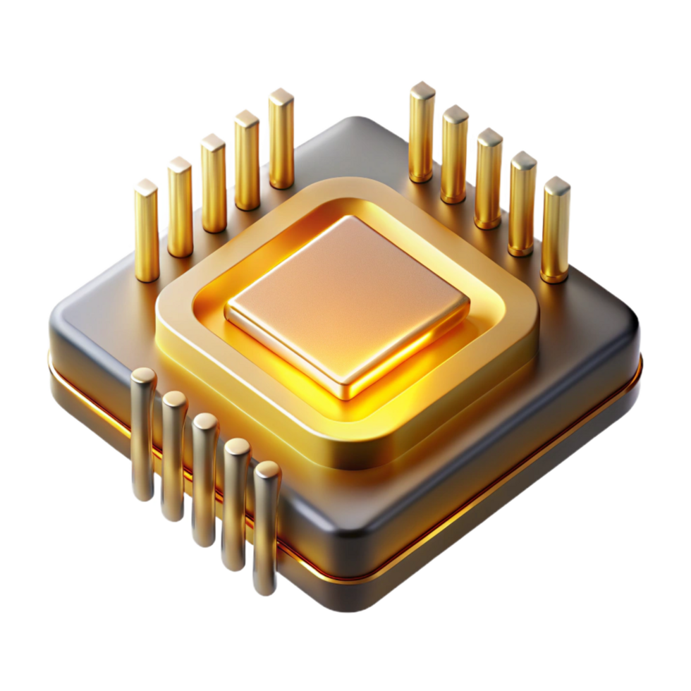 majestic romantic industrial A single microchip, magnified to reveal its complex layers and pathways, glowing with an inner golden light, rendered in a photorealistic style 4K png