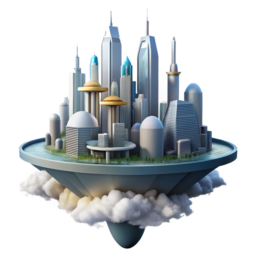 sought after retro A futuristic city floating in the clouds, skyscrapers piercing the sky, utopian style masterfully captured png