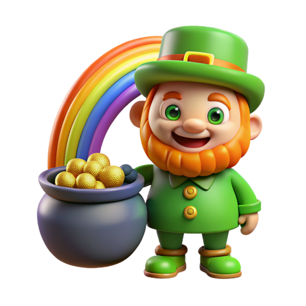 picturesque acclaimed A mischievous leprechaun guarding a pot of gold at the end of a rainbow, vibrant, colorful lighting, cartoon style png