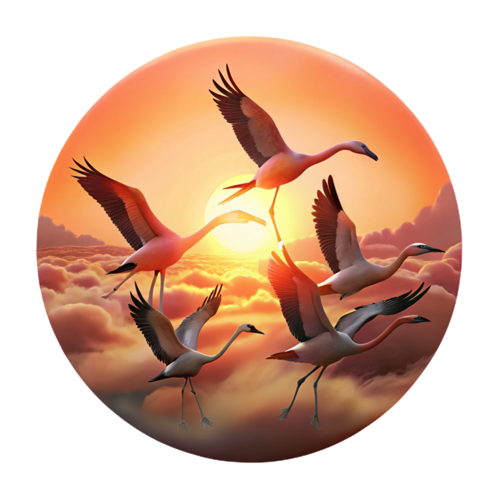 radiant distinguished A flock of flamingos taking flight against a fiery sunset, silhouetted against the vibrant sky, painted in the style of Claude Monet png