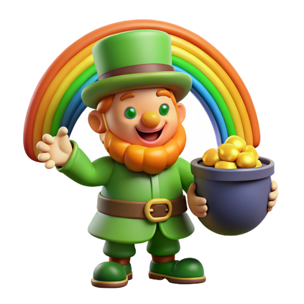 captivating playful avant garde A mischievous leprechaun guarding a pot of gold at the end of a rainbow, whimsical, cartoon style sharp png