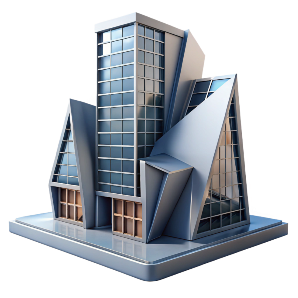 intense vibrant A decontructivist office building, sharp angles, distorted forms, dramatic lighting, authentic png