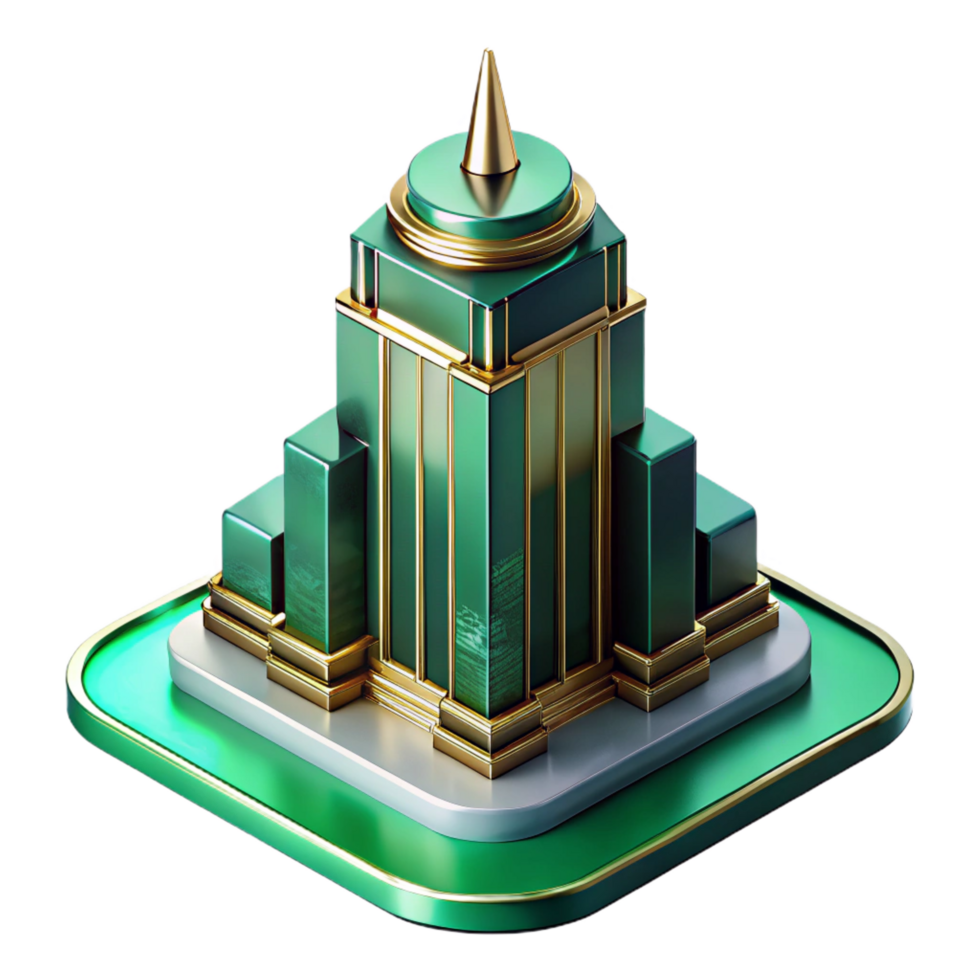 pristine passionate avant garde Art Deco skyscraper, emerald green and gold accents, volumetric lighting, highly polished surfaces, raining, reflections in puddles, isometric view 8K png
