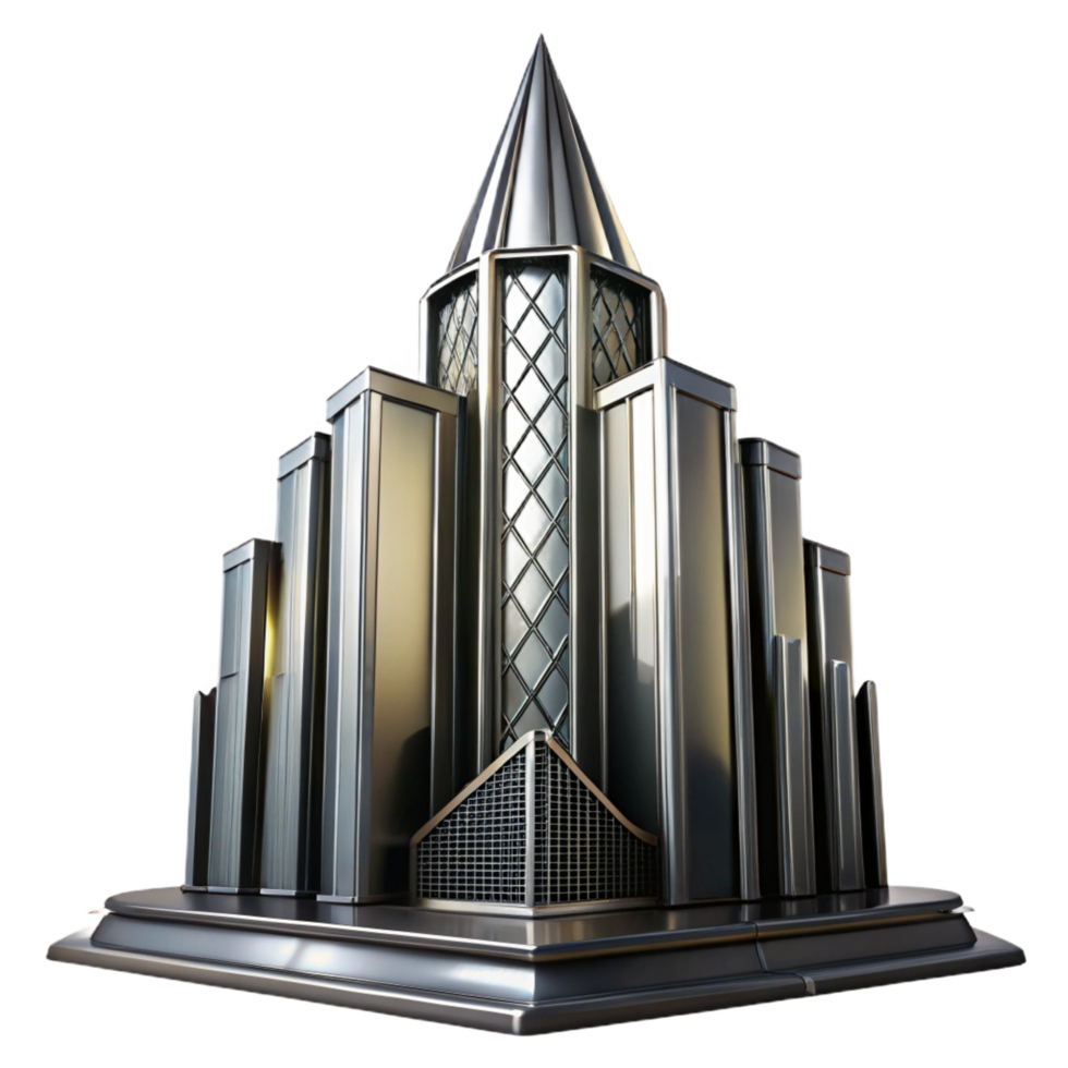 hypnotic sought after Art Deco skyscraper, sleek chrome and black glass, sharp geometric patterns, dramatic uplighting in a rainy cityscape at night png