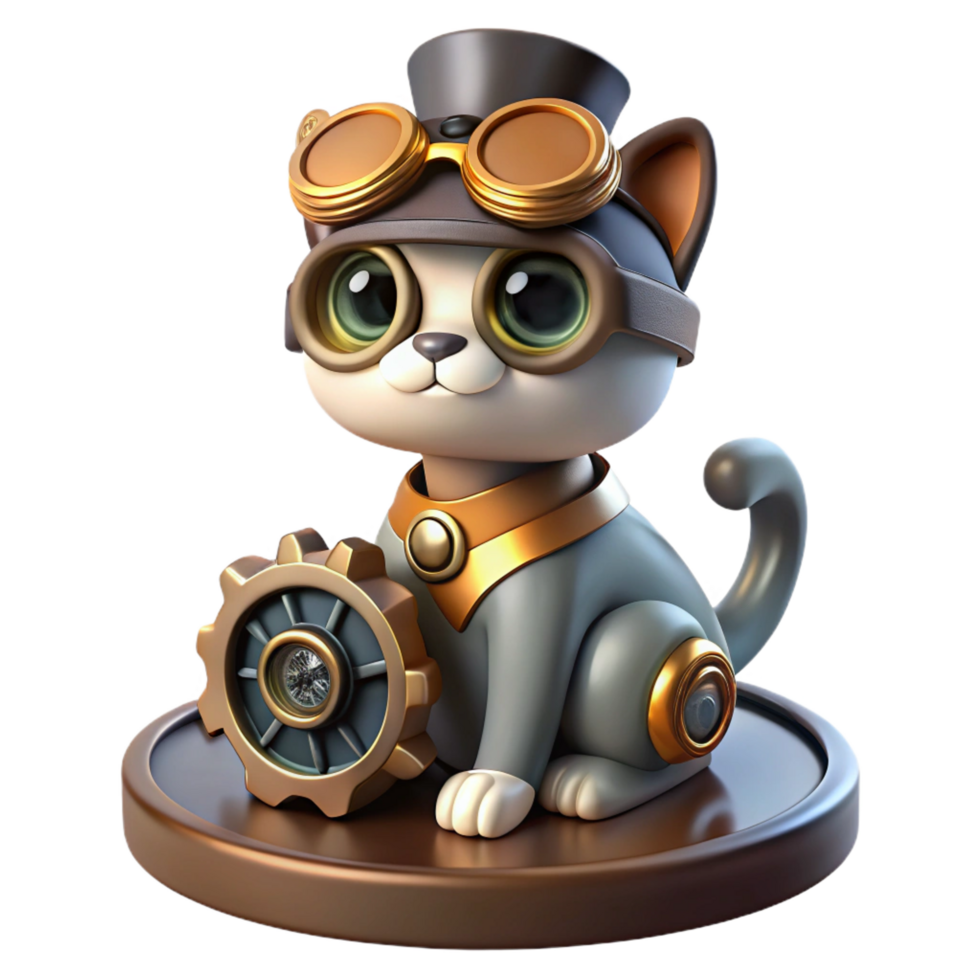 vibrant acclaimed A portrait of a steampunk cat, wearing goggles and a tiny top hat, sitting on a pile of gears. Soft, diffused lighting with a playful atmosphere png