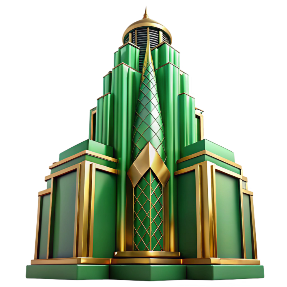 captivating dynamic mid century Art Deco skyscraper, emerald green and gold accents, intricate geometric patterns, volumetric lighting, cinematic angle, highly detailed, masterfully captured png