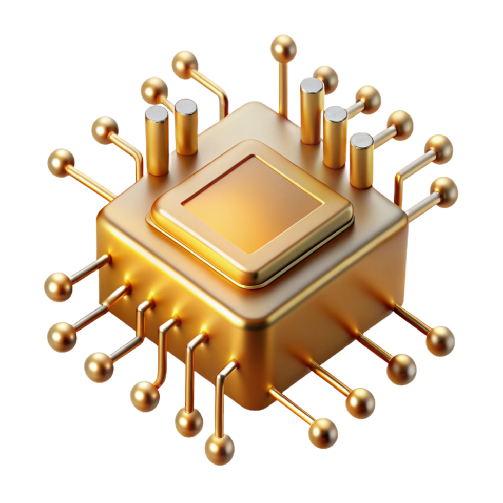 intense magnificent A single microchip, magnified to enormous scale, intricate pathways glowing with golden light, viewed from a microscopic perspective, rendered in a photorealistic style impeccable png