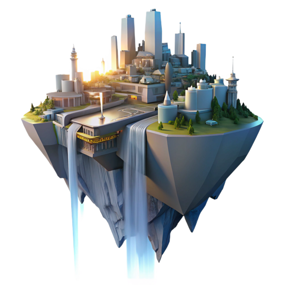 pristine sought after A futuristic city, built on the side of a cliff, with waterfalls cascading down its walls, illuminated by the soft light of dawn. Sunrise lighting, matte painting style png