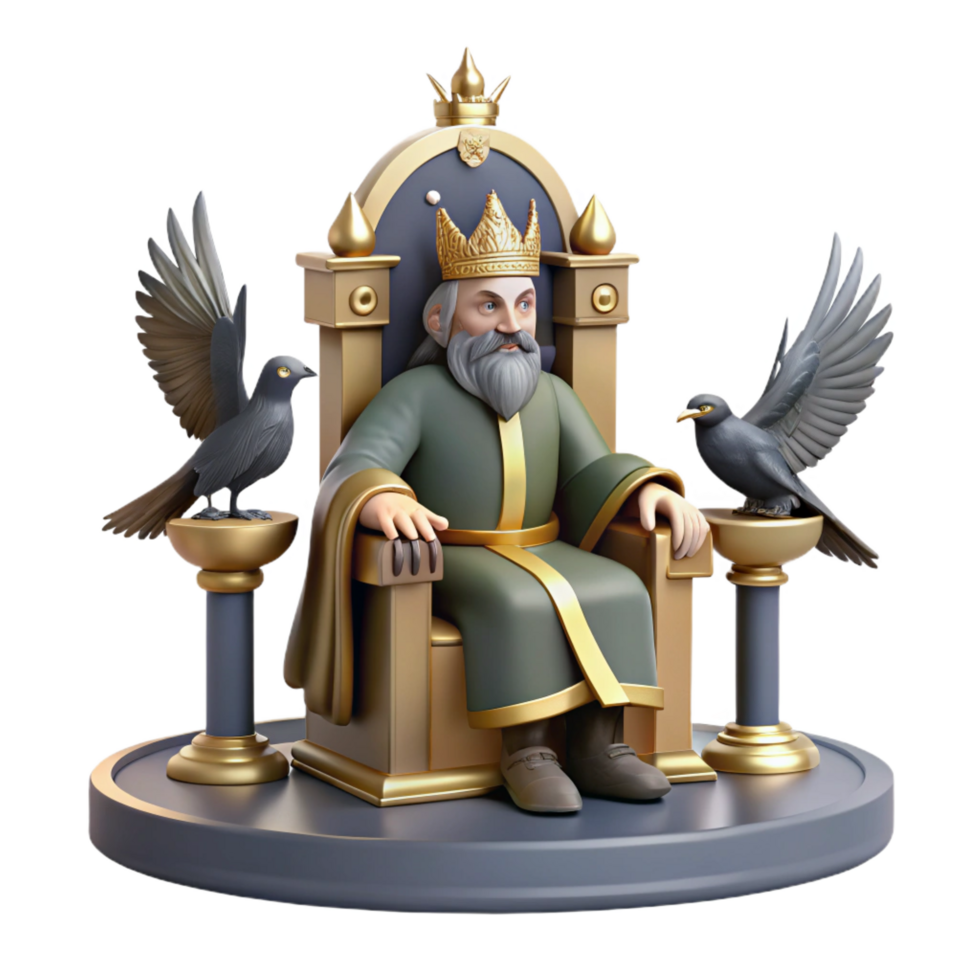 exquisite exemplary A wise Odin perched on his throne, ravens circling overhead, Norse mythology style, grand, regal lighting png