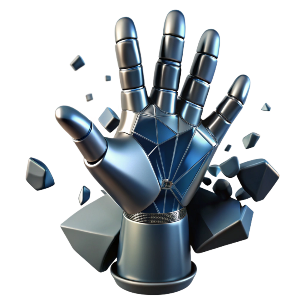 serene exceptional A robotic hand reaching out from a shattered screen, sharp shards of glass reflecting the surrounding environment, dark and gritty style png