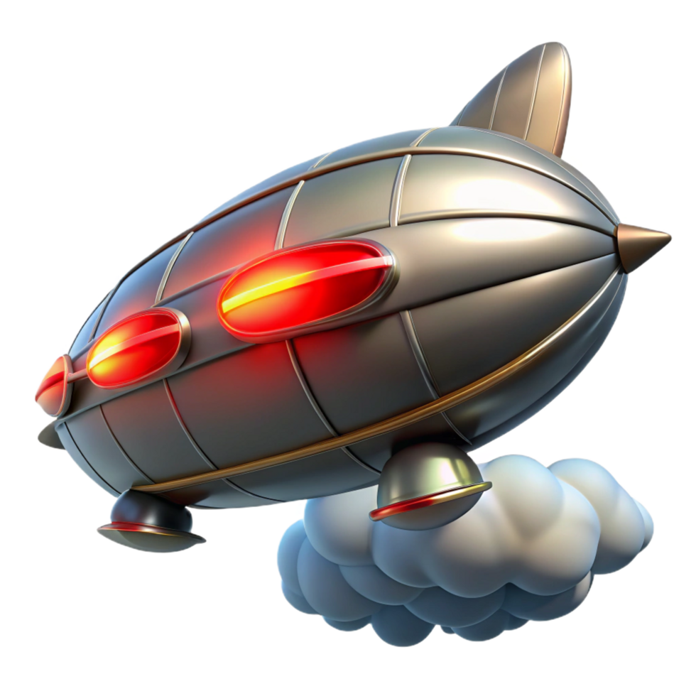 stunning exceptional A steampunk dirigible, sleek and silver, with glowing red accents, soaring through a cloudy sky, dramatic lighting png
