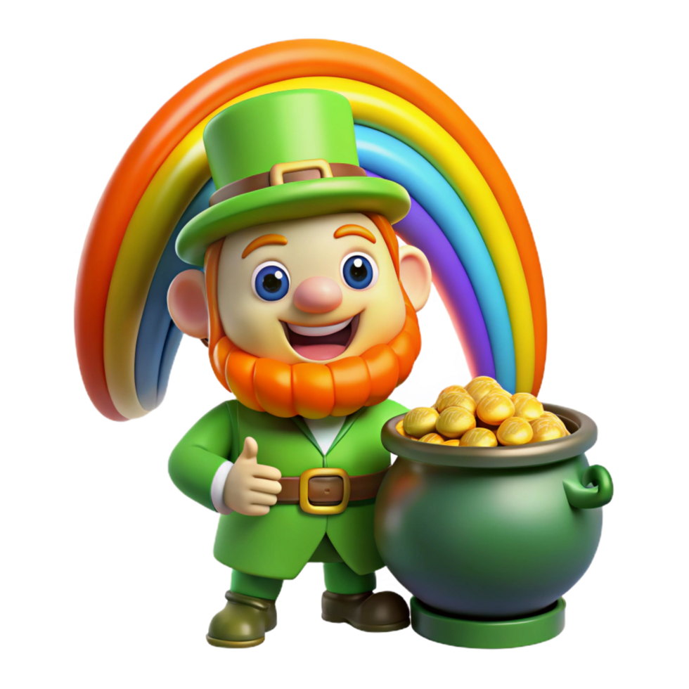 pristine unforgettable A mischievous leprechaun guarding a pot of gold at the end of a rainbow, vibrant, colorful lighting, cartoon style png