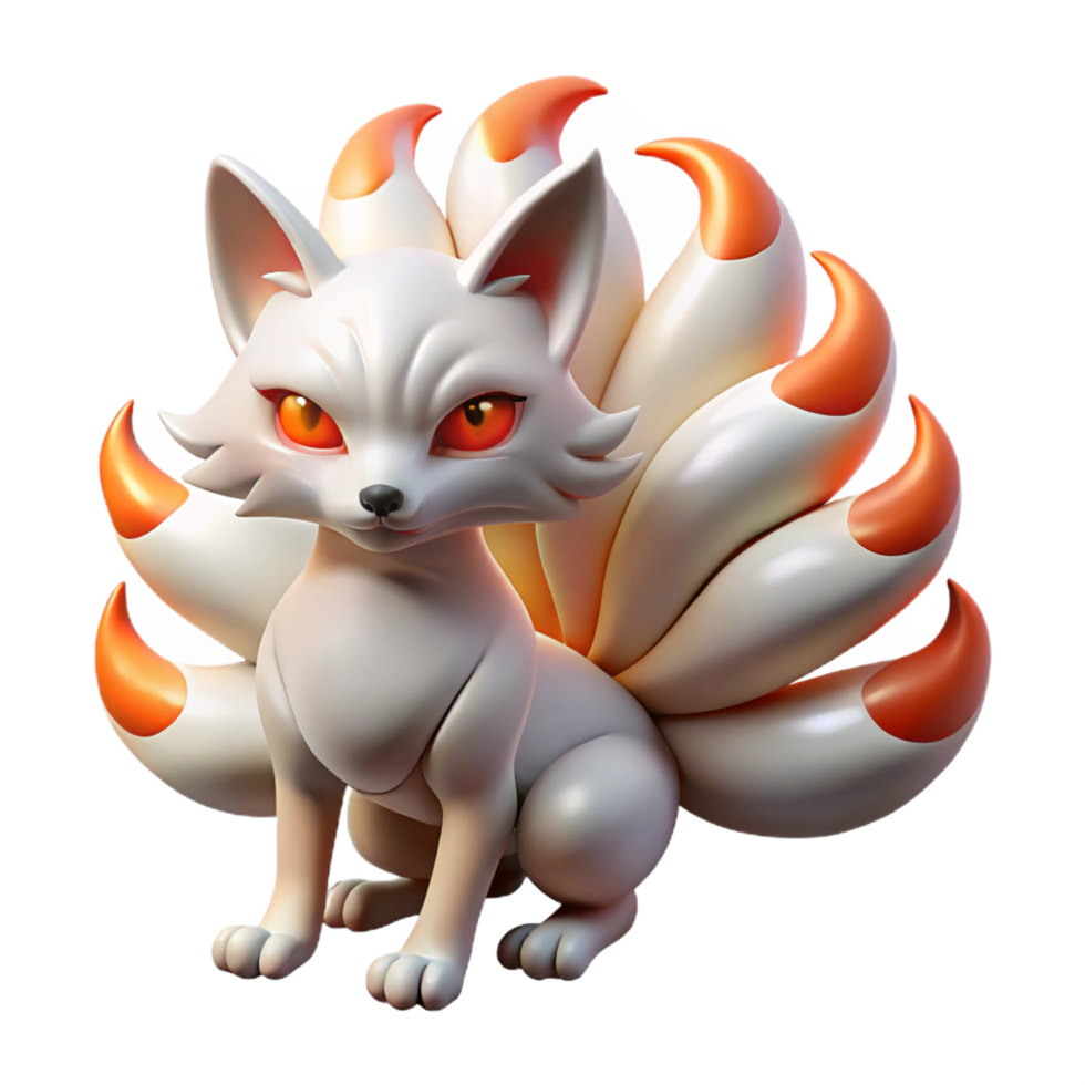 stunning playful traditional An enigmatic kitsune with nine tails, glowing eyes, Japanese art style refined png