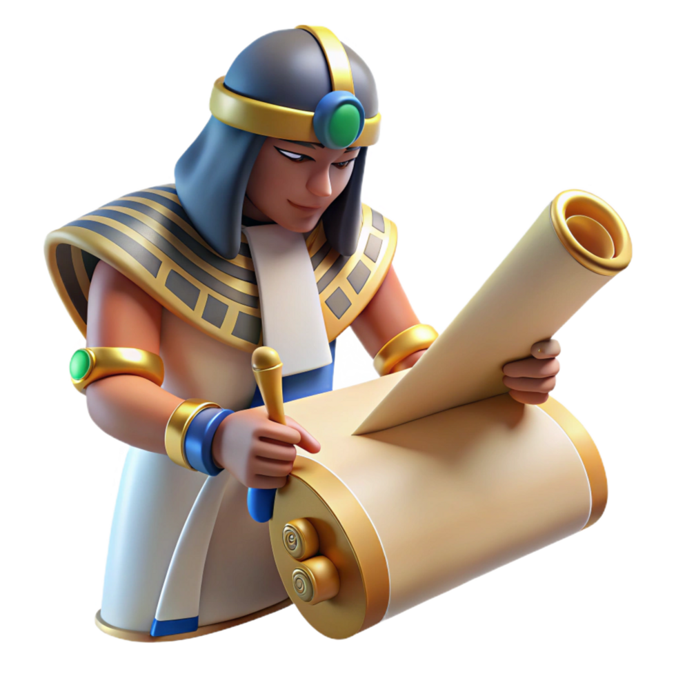 dramatic elegant A wise Thoth writing hieroglyphs, papyrus scroll, soft lighting, Egyptian art style authentic png