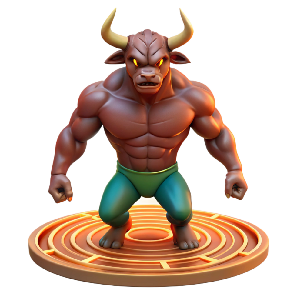 harmonious exquisite A powerful Minotaur standing in the labyrinth, muscles rippling in the torchlight, realistic and detailed, 4K png