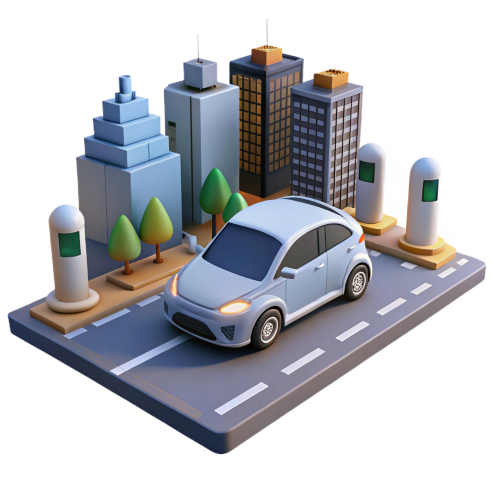 extraordinary notable A self driving car navigating a busy city street, realistic lighting, modern style png