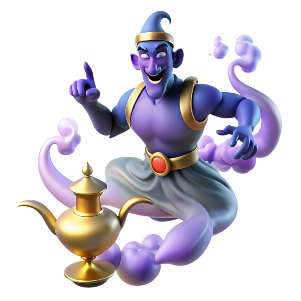 serene acclaimed A powerful djinn emerging from a magic lamp, surrounded by swirling smoke, illuminated by an ethereal glow. Arabian Nights style png