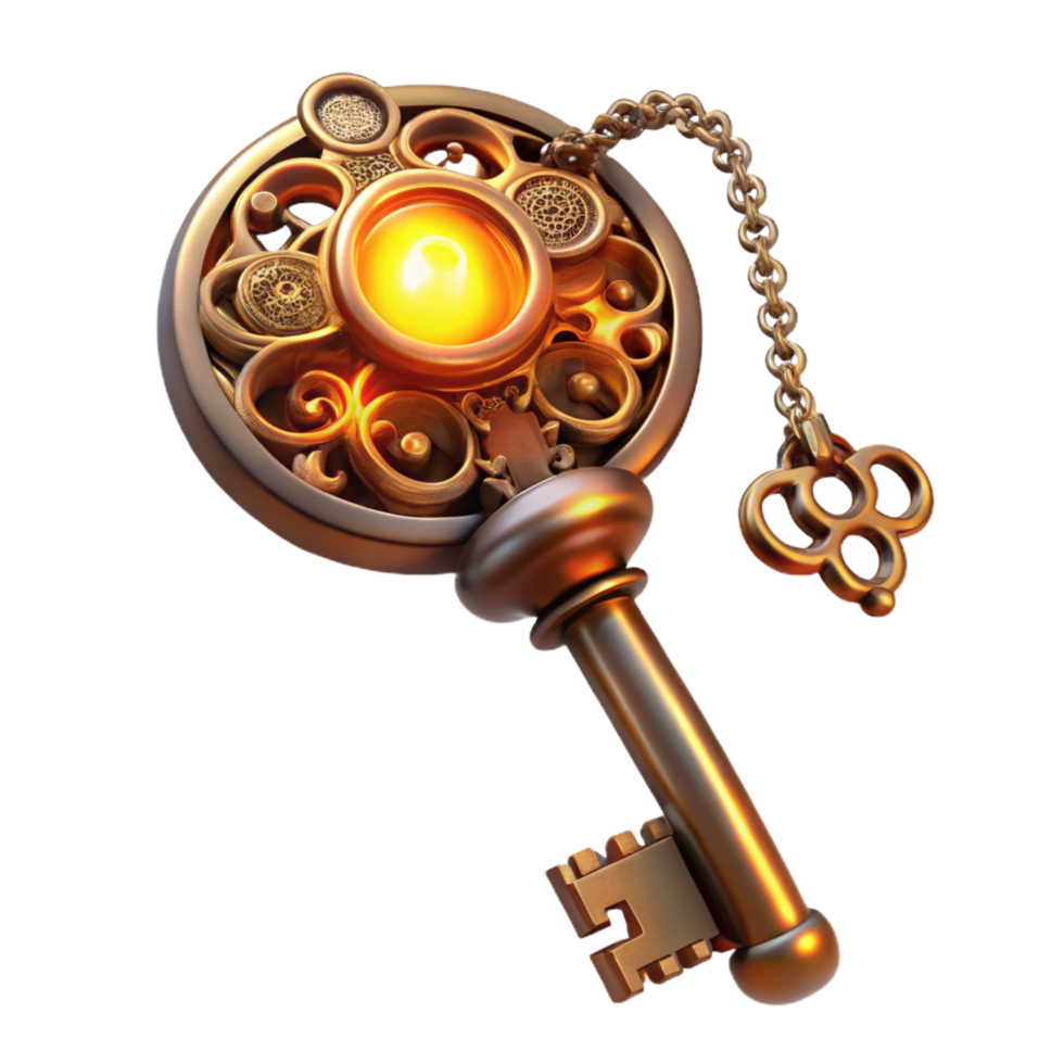 dreamy enchanting A steampunk key with intricate filigree and a clockwork mechanism, hanging from a chain, warm, golden lighting, fantasy art style 8K png
