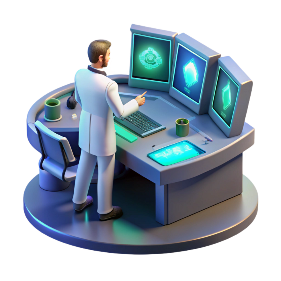 passionate glorious A lone scientist, working at a futuristic computer console, surrounded by holographic displays, bathed in the cool light of the monitors. Cyberpunk lighting, realistic style elite png