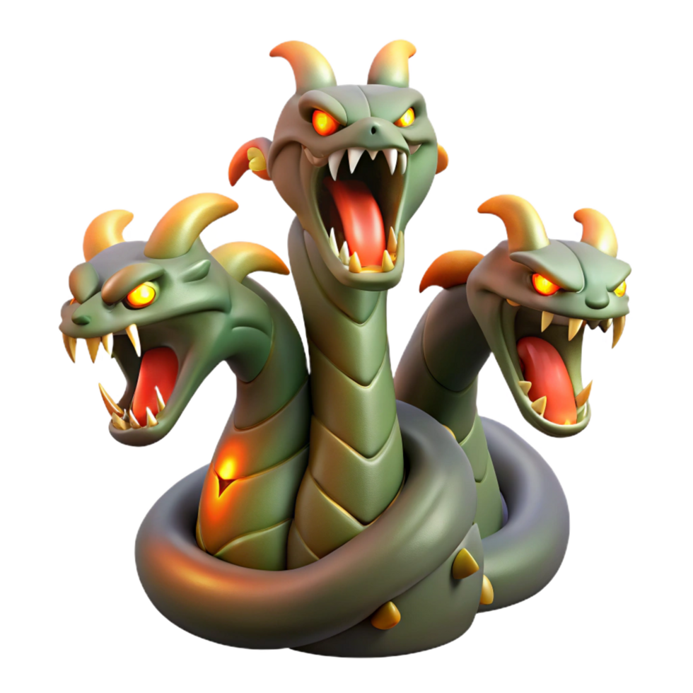 iconic mid century The hydra, a multi headed serpentine monster, regenerating a severed head, scales shimmering in the firelight. Comic book style high resolution png