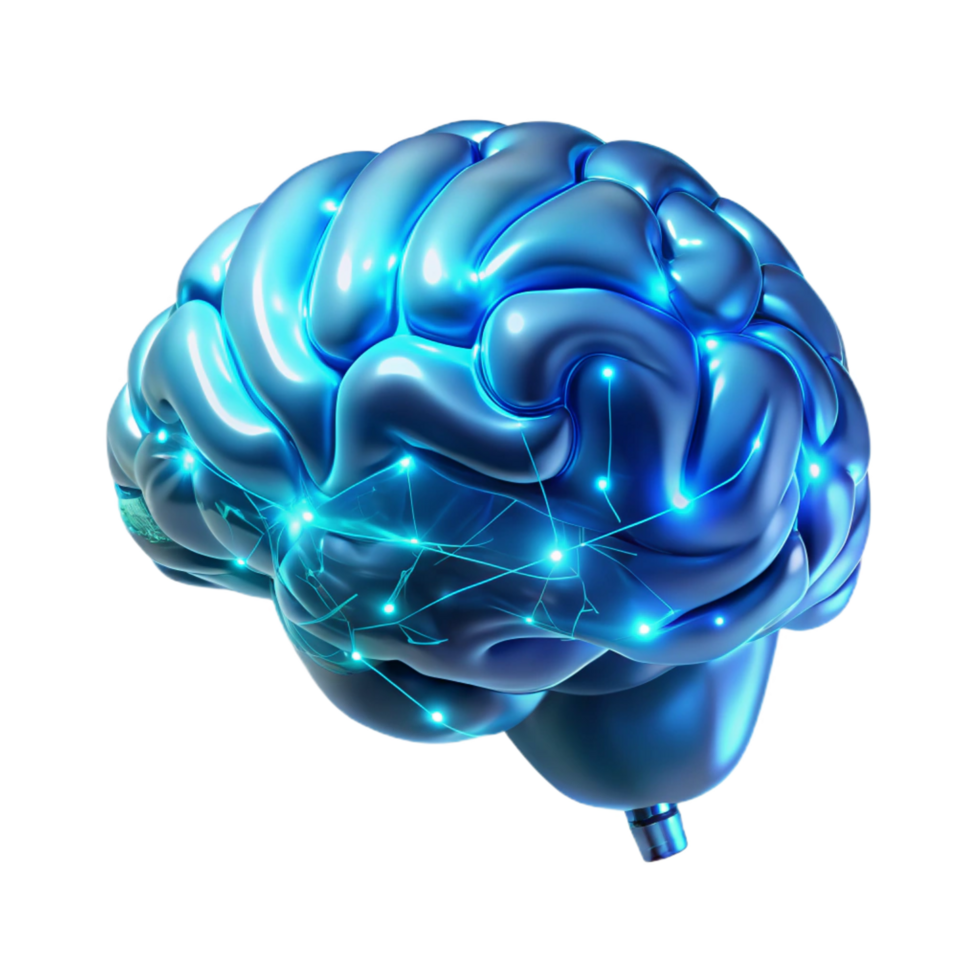 pristine romantic baroque A holographic projection of a human brain, rotating slowly, intricate neural networks glowing, illuminated by cool blue light in a minimalist style masterfully captured png