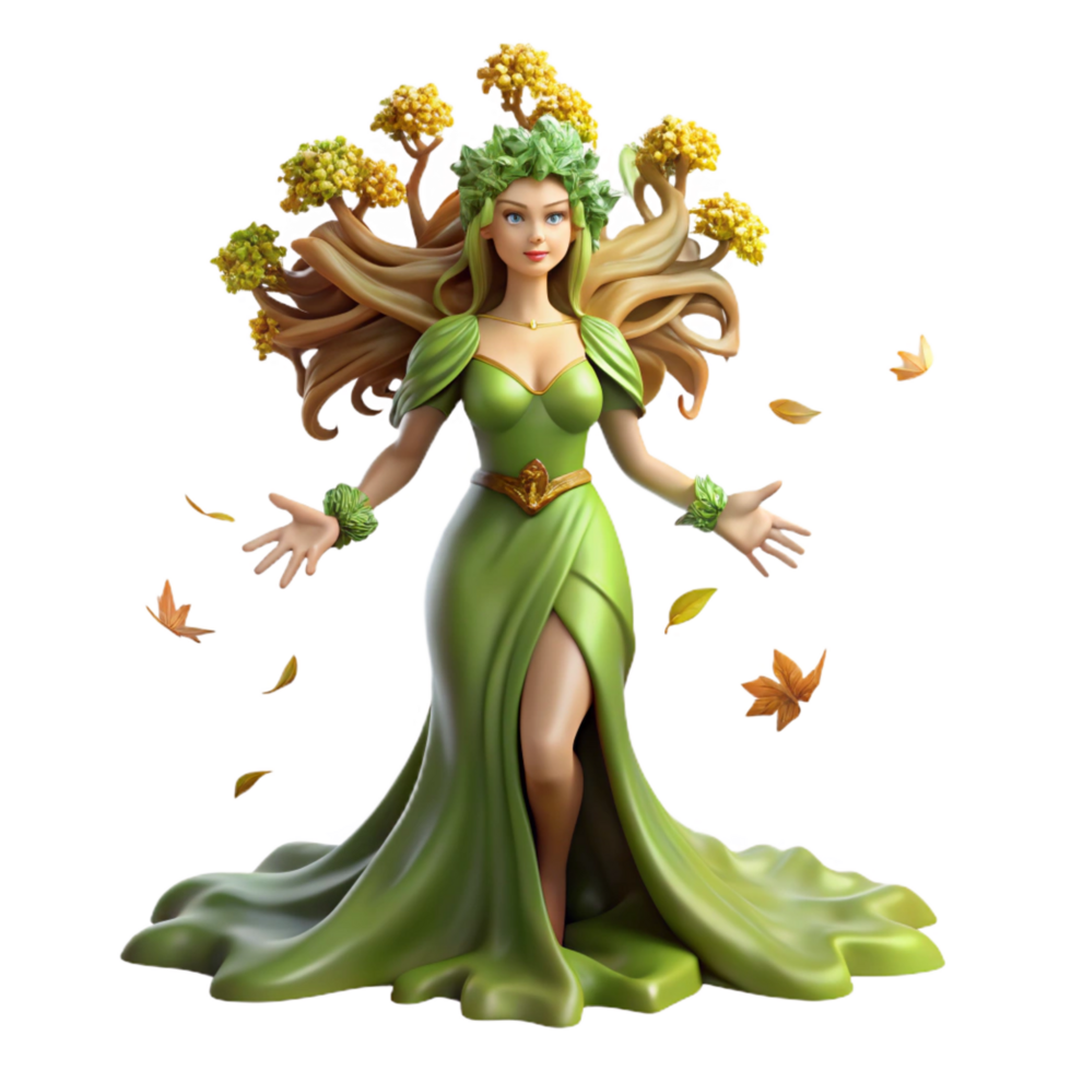 distinctive contemporary An elegant dryad emerging from an ancient oak, leaves swirling, dappled sunlight, Pre Raphaelite style precision png