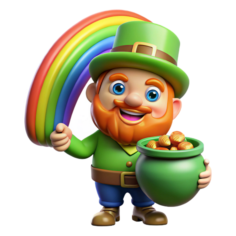 vibrant nostalgic rustic A mischievous leprechaun guarding a pot of gold at the end of a rainbow, vibrant, colorful lighting, cartoon style flawless png