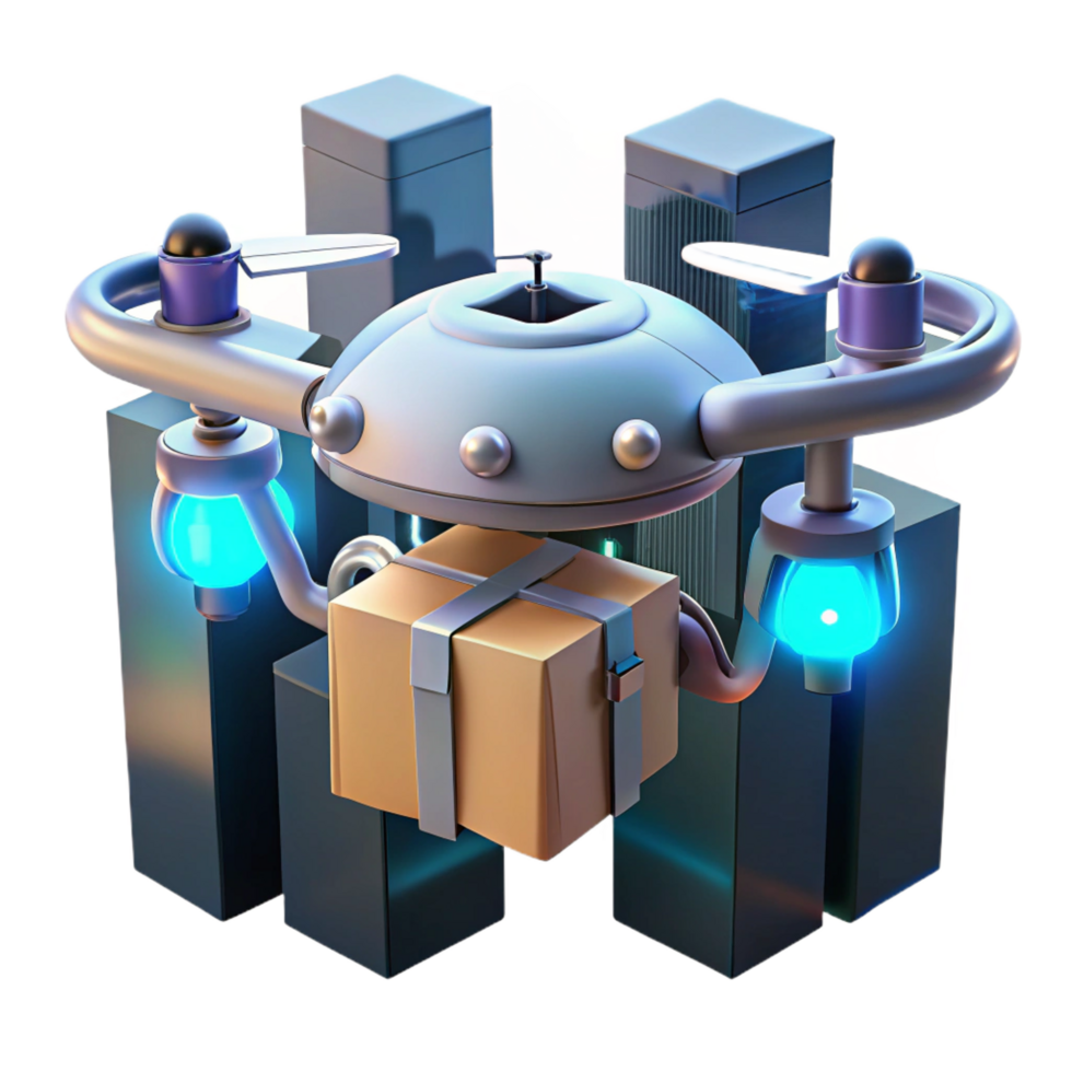 dazzling romantic industrial A futuristic drone delivering a package in a dense urban environment, illuminated by the city s lights, in a photorealistic style gallery standard png