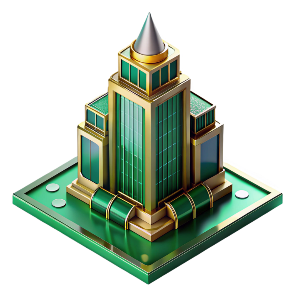 radiant romantic surreal Art Deco skyscraper, emerald green and gold accents, volumetric lighting, highly polished surfaces, raining, reflections in puddles, isometric view museum quality png