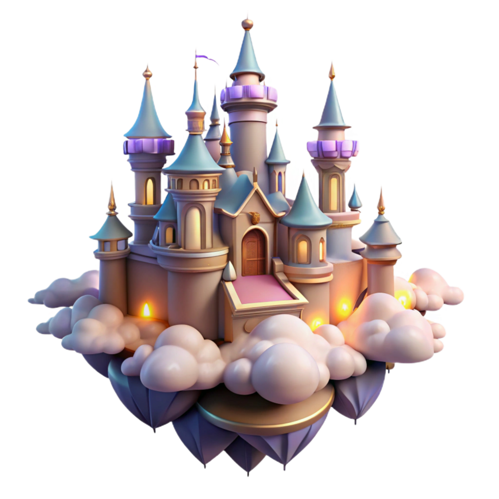 splendid artistic A floating castle in the clouds, intricate spires, glowing windows, magical, dreamy, fantasy art, perfect clarity png