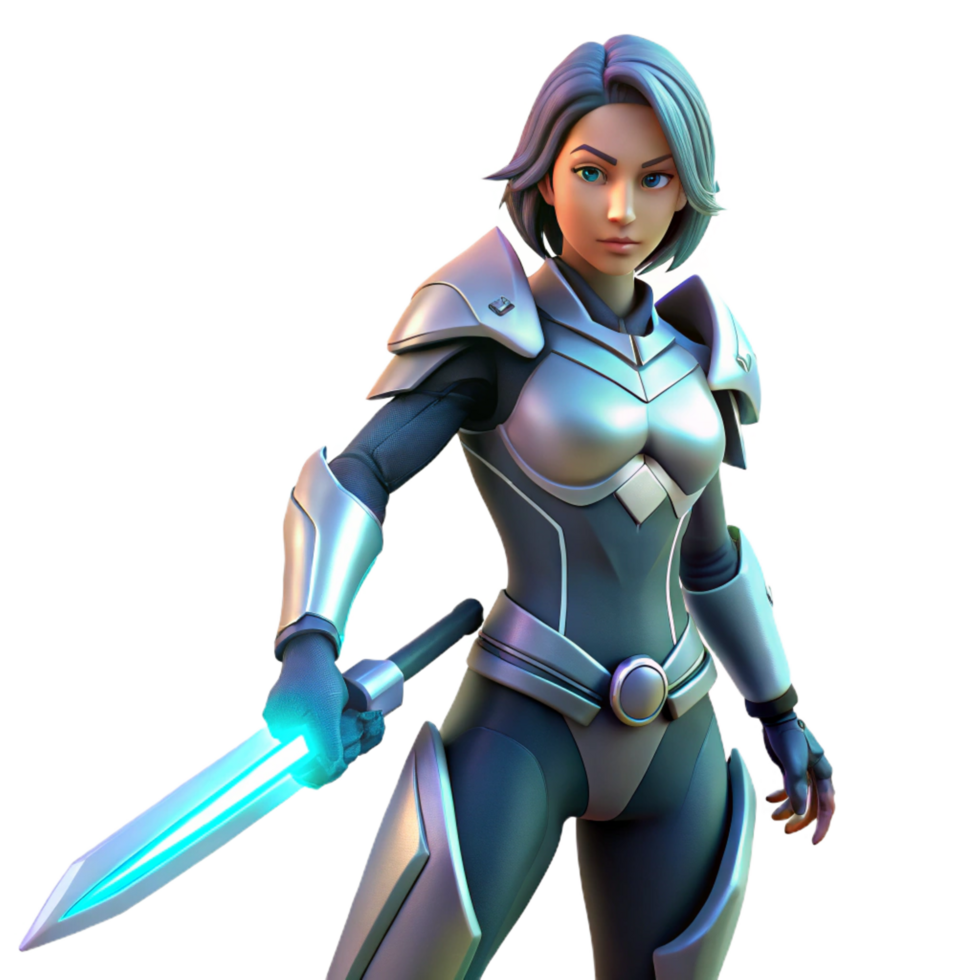 exquisite coveted A powerful, female warrior in futuristic armor, wielding a glowing energy sword, stands defiantly against a backdrop of a burning cityscape. Comic book style png