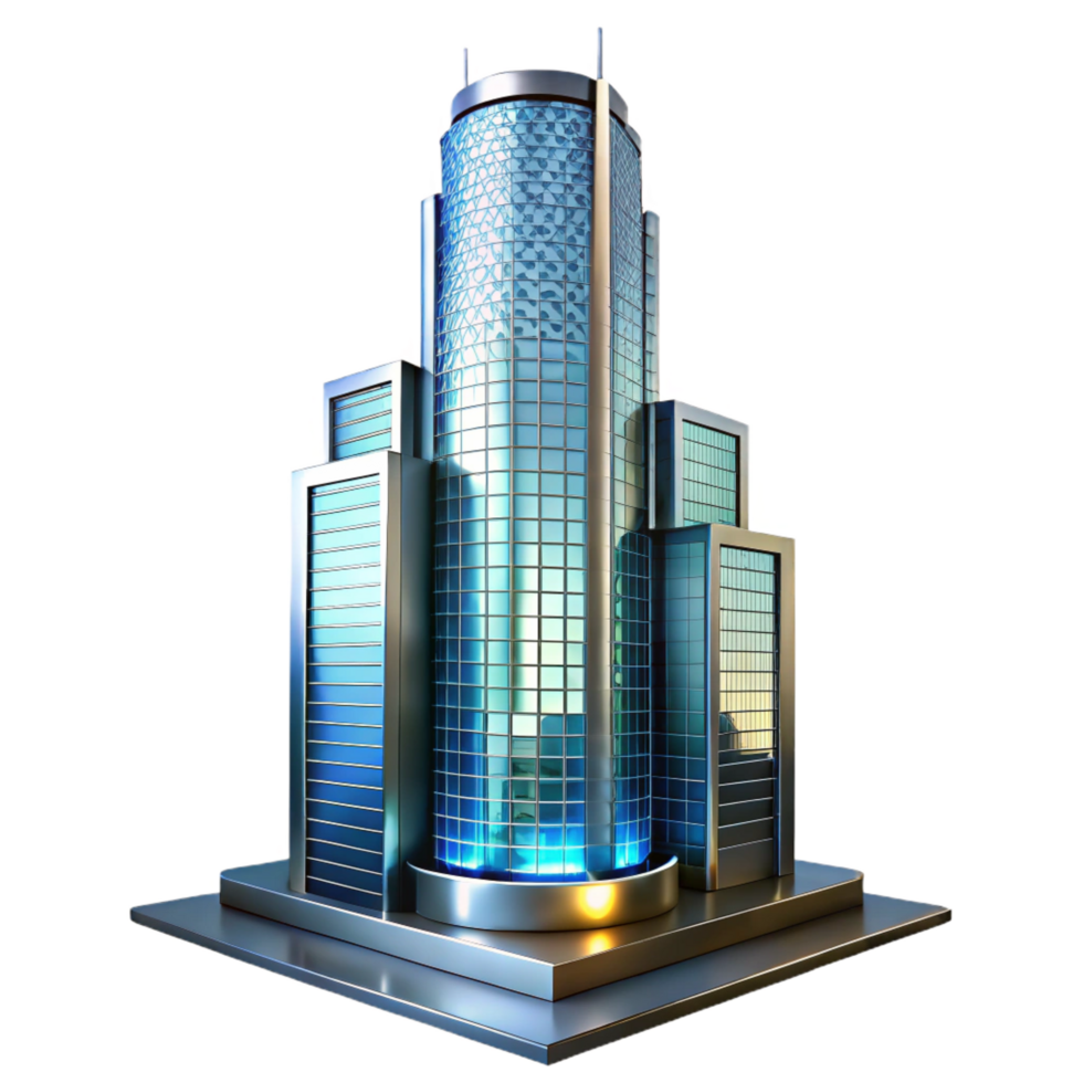 remarkable bohemian A modern glass and steel skyscraper with reflective surfaces, bright city lights reflected, contemporary architecture style gallery standard png