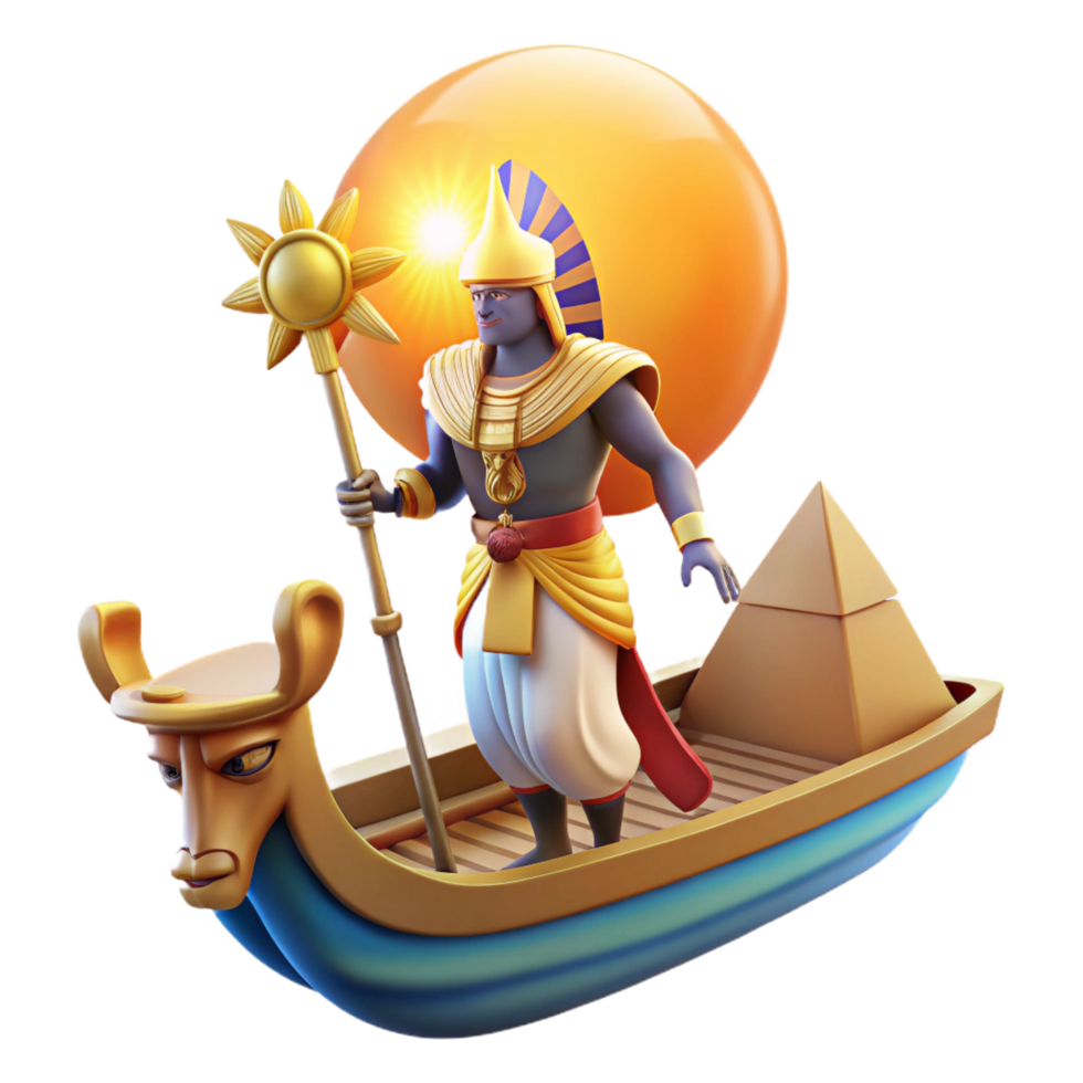 impressive dynamic impressionist A radiant Egyptian Ra, the sun god, sailing across the sky in his solar barque, surrounded by adoring deities, in a vibrant Egyptian tomb painting style luxury png