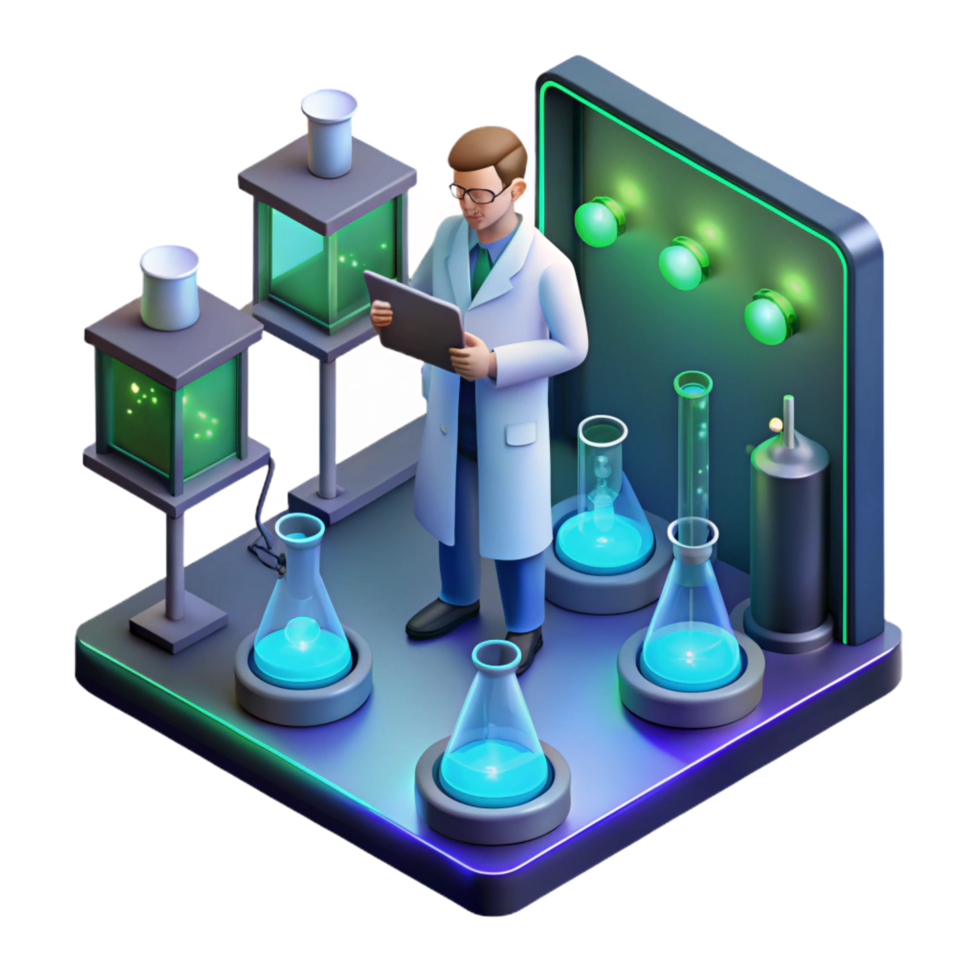 beautiful unparalleled A lone scientist working in a high tech laboratory, surrounded by bubbling beakers and glowing screens, cool lighting, isometric view, pixel art, png