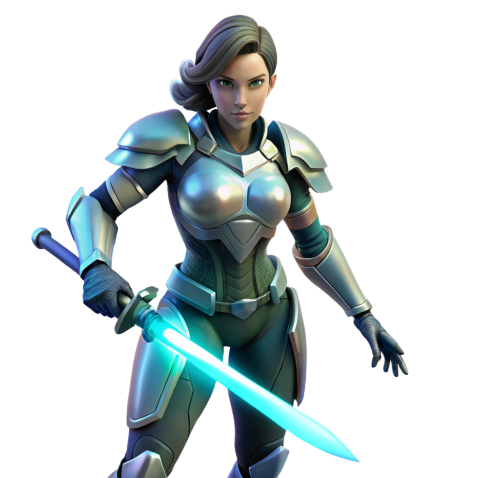 harmonious immaculate A powerful, female warrior in futuristic armor, wielding a glowing energy sword, stands defiantly against a backdrop of a burning cityscape. Comic book style high quality png