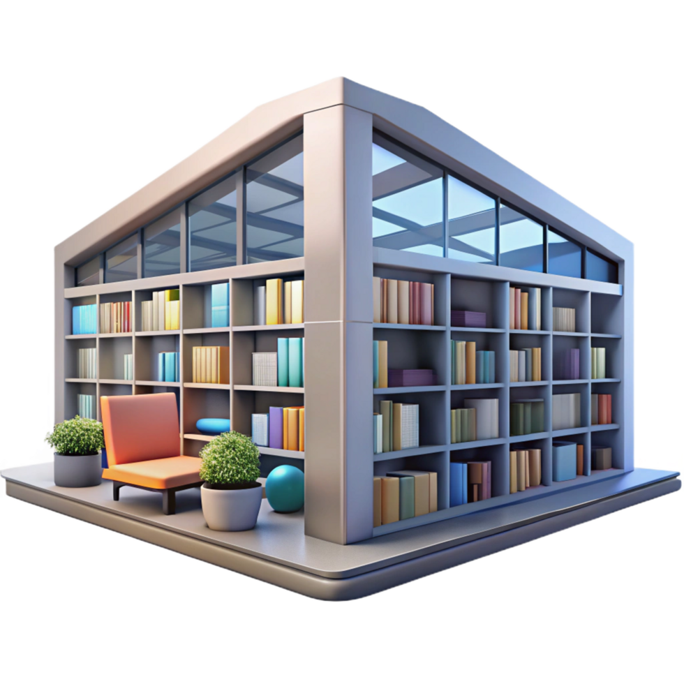 passionate splendid A modern library with floor to ceiling windows, bookshelves filled with books, soft natural light original png