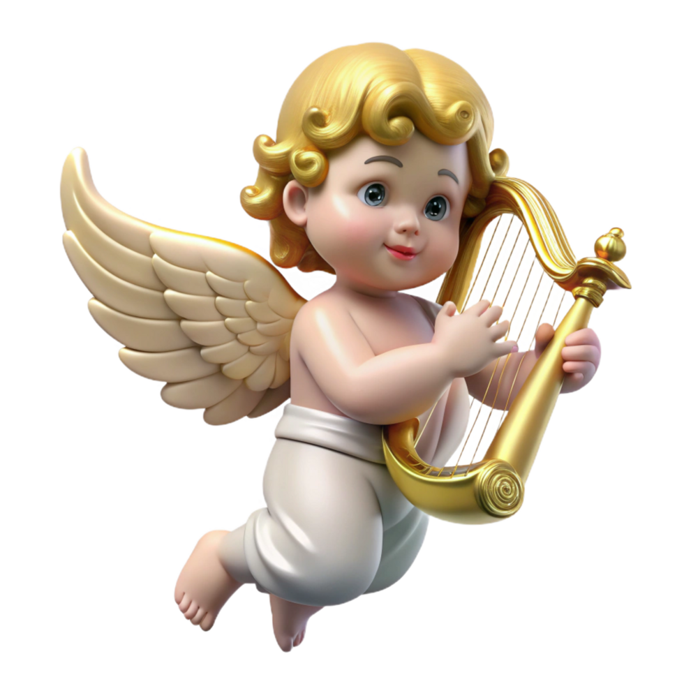 memorable gothic A winged cherub playing a golden harp, soft celestial light, Renaissance painting style precision png