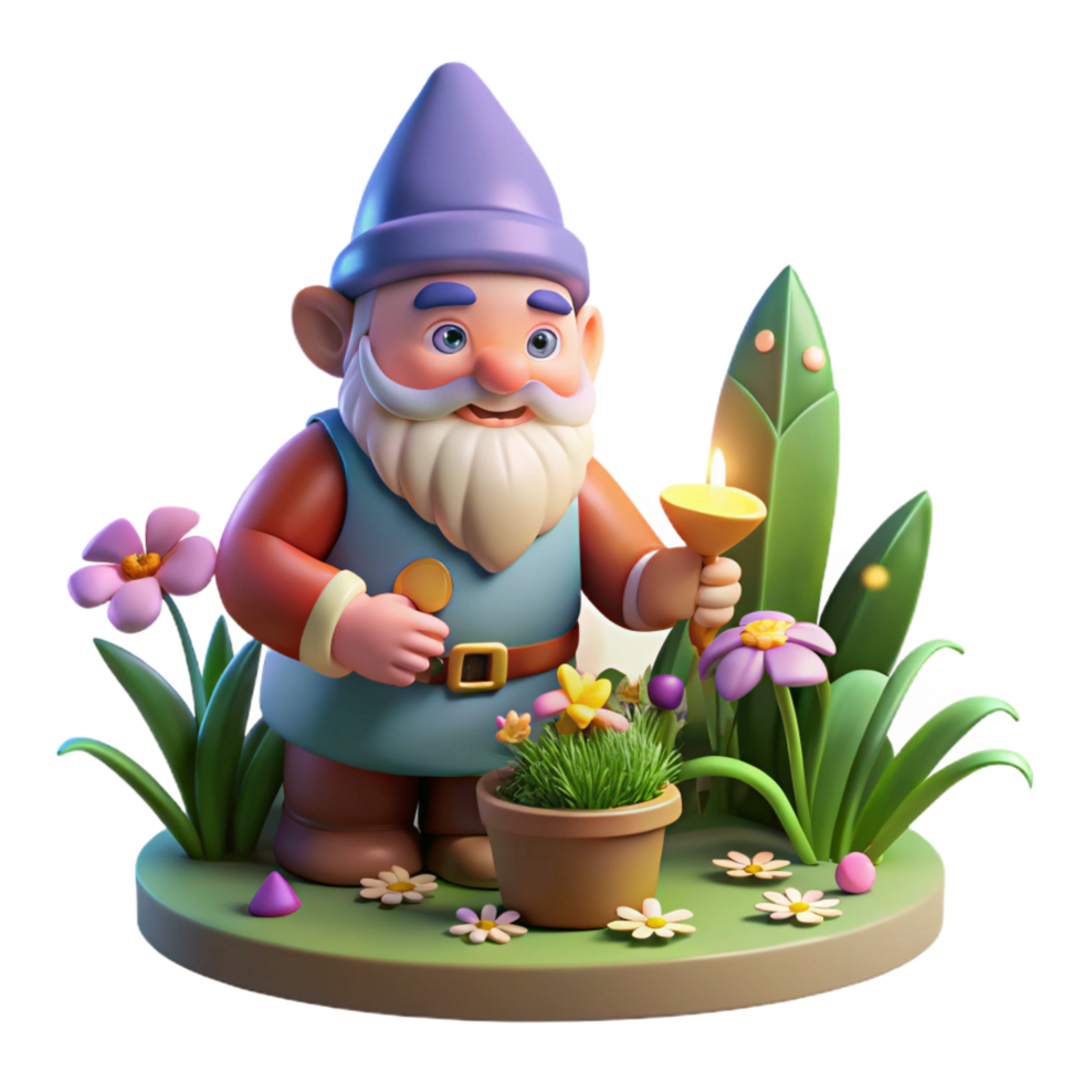 reflective dazzling A whimsical gnome tending a magical garden filled with glowing flowers, soft, diffused lighting, children s book illustration style ultra HD png