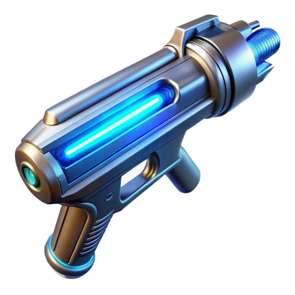 spectacular contemporary A futuristic weapon, sleek and metallic, emitting a faint blue glow, illuminated by a cool, neon light, sci fi style elite png