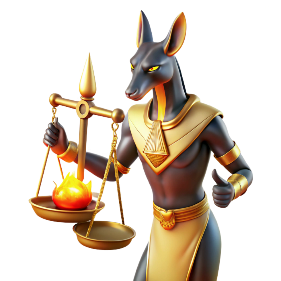 beautiful rustic Anubis, the jackal headed god, weighing a human heart against a feather on golden scales, illuminated by the flickering flames of torches. Ancient Egyptian murals style artisan png